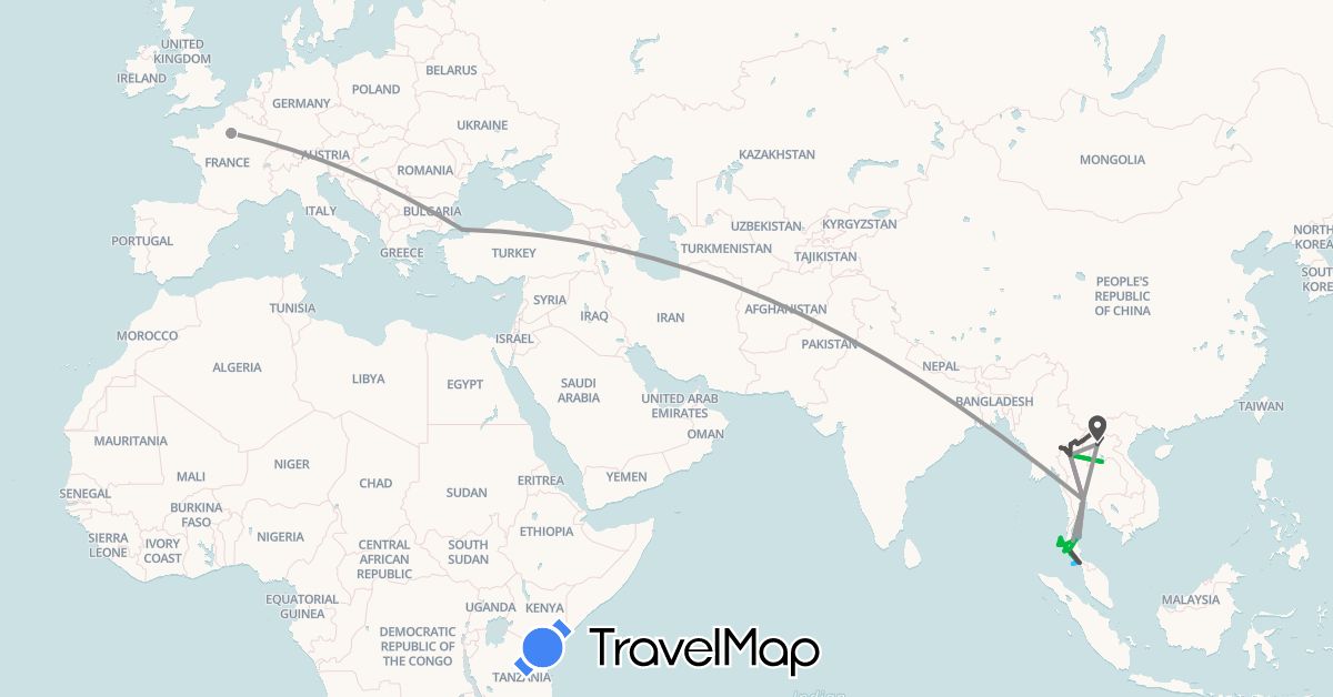 TravelMap itinerary: driving, bus, plane, train, boat, motorbike in France, Laos, Thailand, Turkey (Asia, Europe)